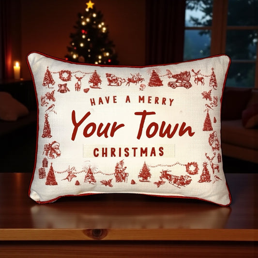 CUSTOM Gingham Christmas Hometown Pillow - Town/City and State - Red Piping - 19-in - Mellow Monkey