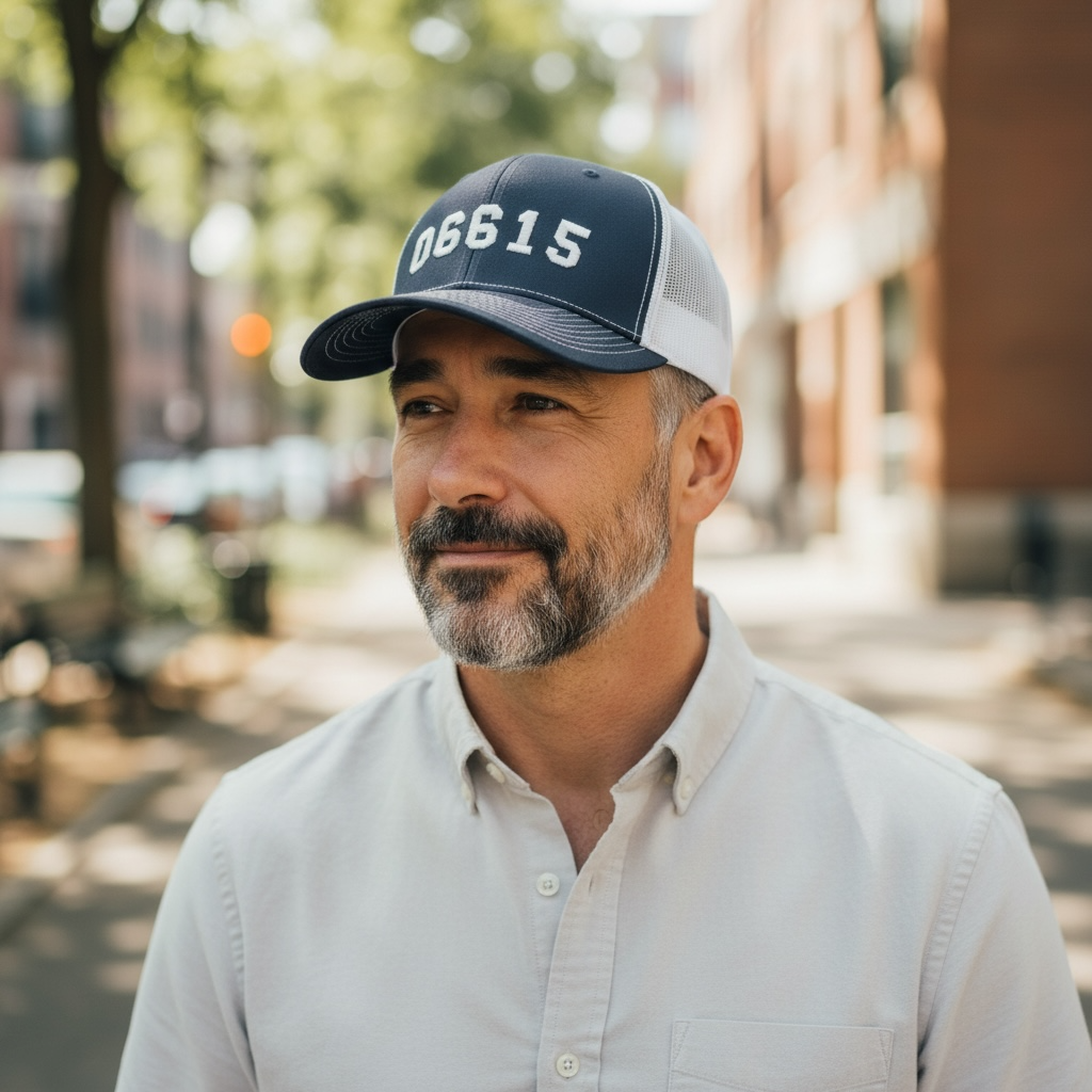 06615 Stratford Zip Code Trucker Hat NAVY and WHITE - 100% Benefits Lordship School PTA - Mellow Monkey