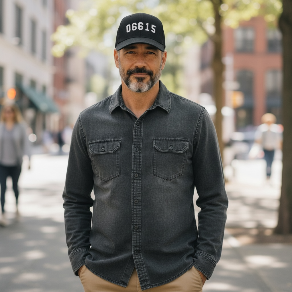 06615 Stratford Zip Code Trucker Hat NAVY - 100% Benefits Lordship School PTA - Mellow Monkey