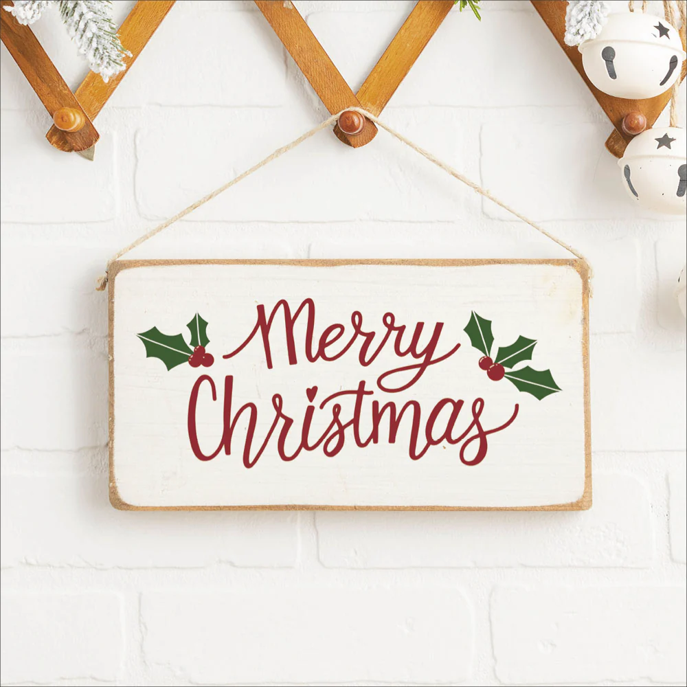 Merry Christmas Holly Leaves Twine Sign - 11-in. - Mellow Monkey