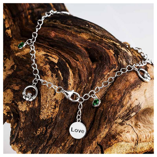 Green Cubic Zirconia Claddagh Bracelet - Sterling Silver - Mellow Monkey