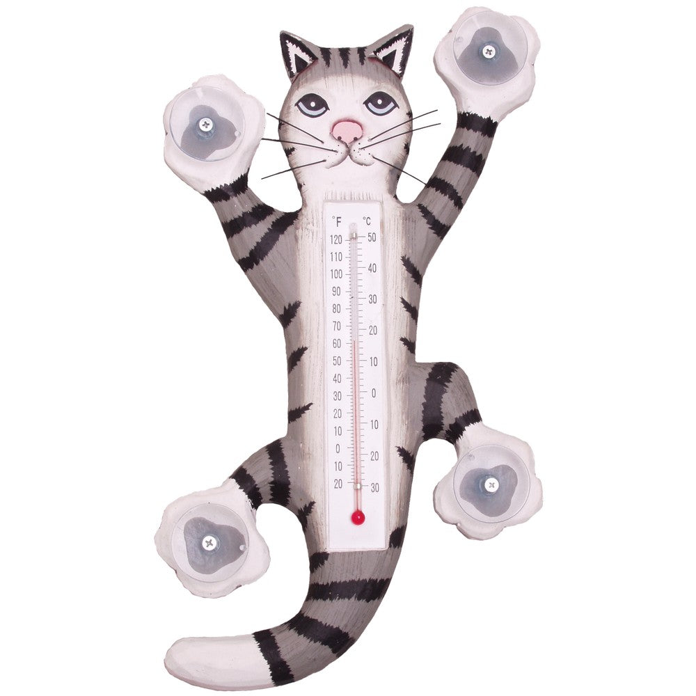 Climbing Grey Tabby Cat Window Thermometer - Mellow Monkey