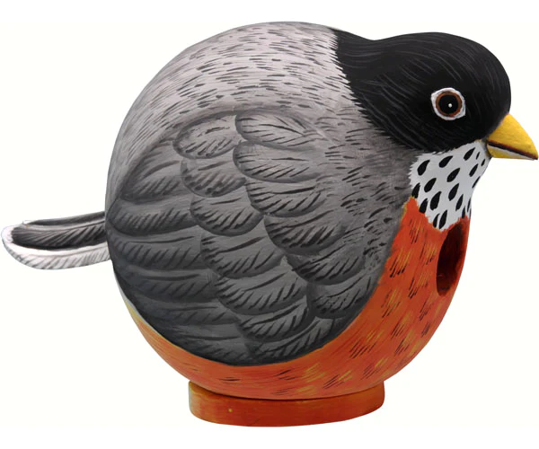 wooden birdhouse in the shape and likeness of a red robin