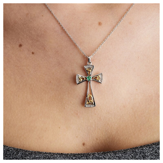 Diamond and Emerald Celtic Cross Necklace - Sterling Silver - Mellow Monkey