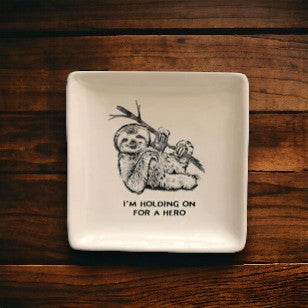 Holding On - 5-in Square Stoneware Dish with Animal & Saying - Mellow Monkey