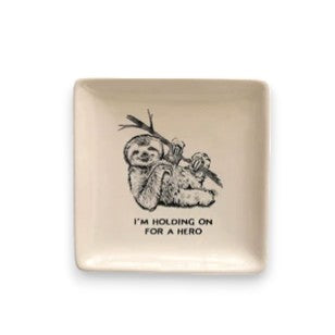 Holding On - 5-in Square Stoneware Dish with Animal & Saying - Mellow Monkey