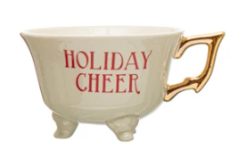 Holiday Cheer - Footed Stoneware Teacup with Gold Electroplated Handle - 4-1/4-in - Mellow Monkey
