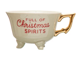 Full Of Christmas Spirits - Footed Stoneware Teacup with Gold Electroplated Handle - 4-1/4-in - Mellow Monkey