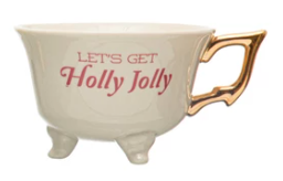 Let's Get Holly Jolly - Footed Stoneware Teacup with Gold Electroplated Handle - 4-1/4-in - Mellow Monkey