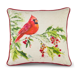 Cardinal on Holly Branch Pillow - 18-in - Mellow Monkey