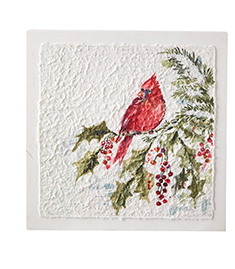 Cardinal on Holly Branch Textured Wood Block - 12-in - Mellow Monkey