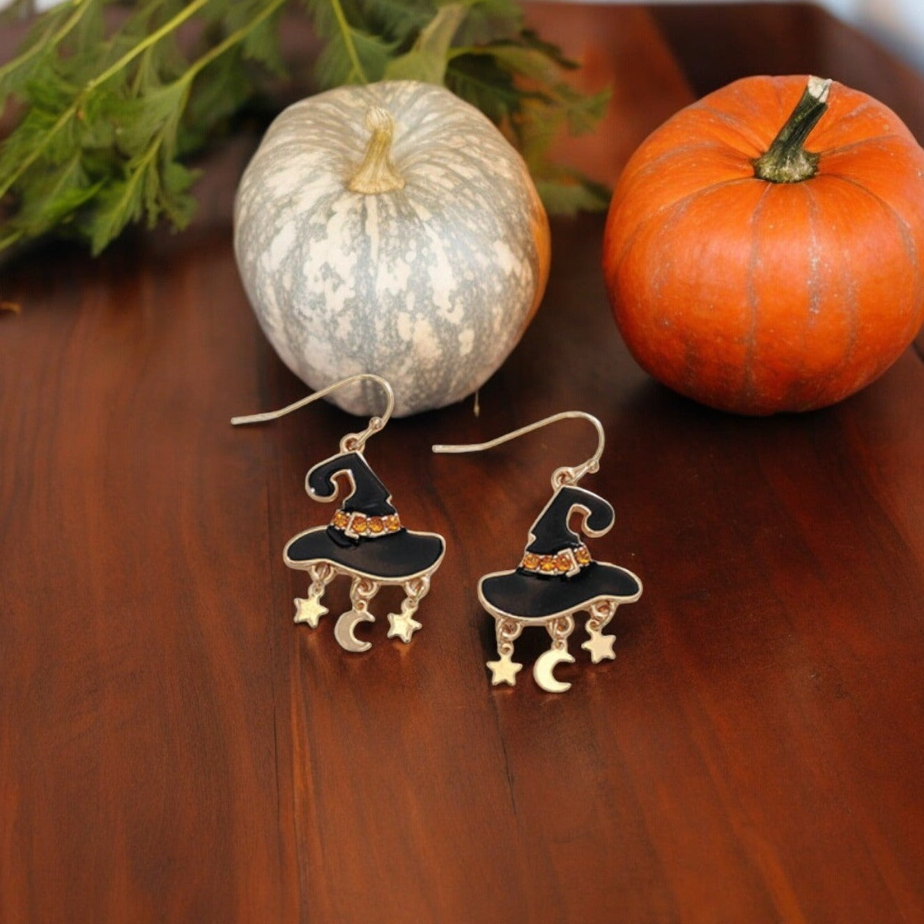 Black Witch Hat + Gold Dangles Halloween Earrings - Mellow Monkey