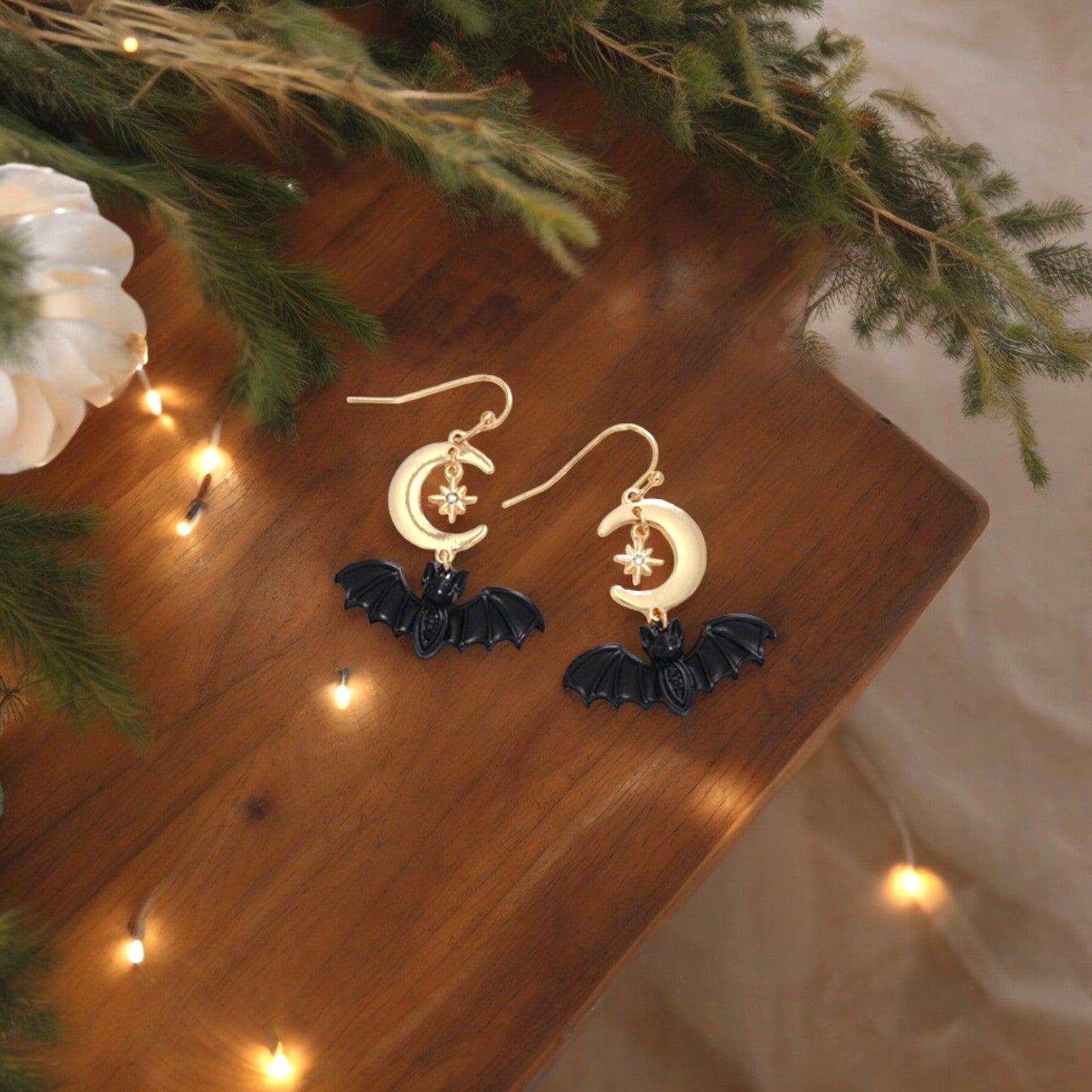 Black Bats with Moon Halloween Earrings - Mellow Monkey