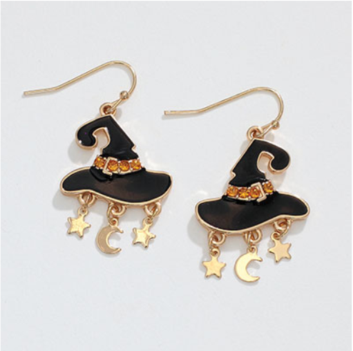 Black Witch Hat + Gold Dangles Halloween Earrings - Mellow Monkey