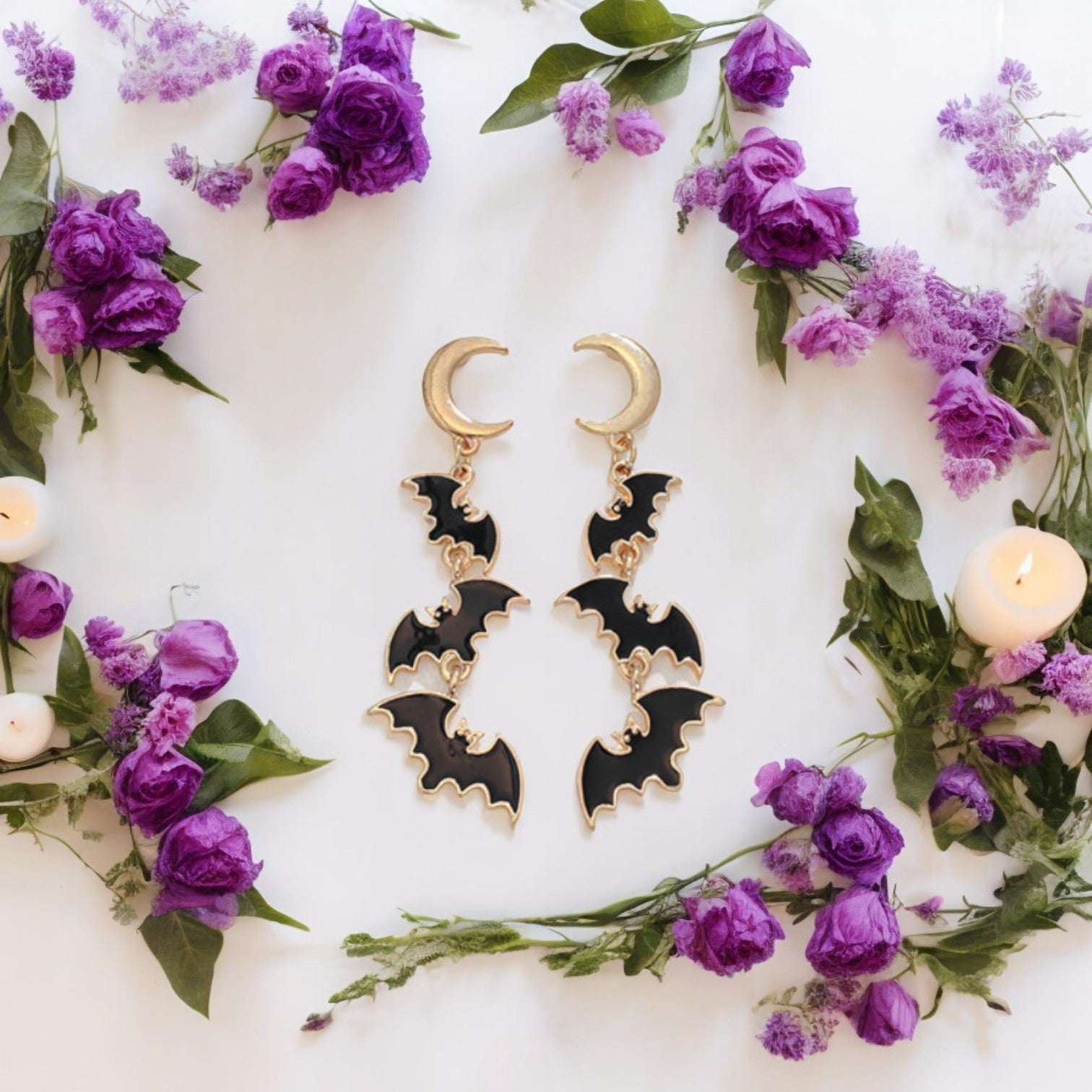 Black Bats + Gold Moon Halloween Earrings - Mellow Monkey