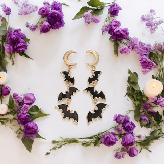 Black Bats + Gold Moon Halloween Earrings