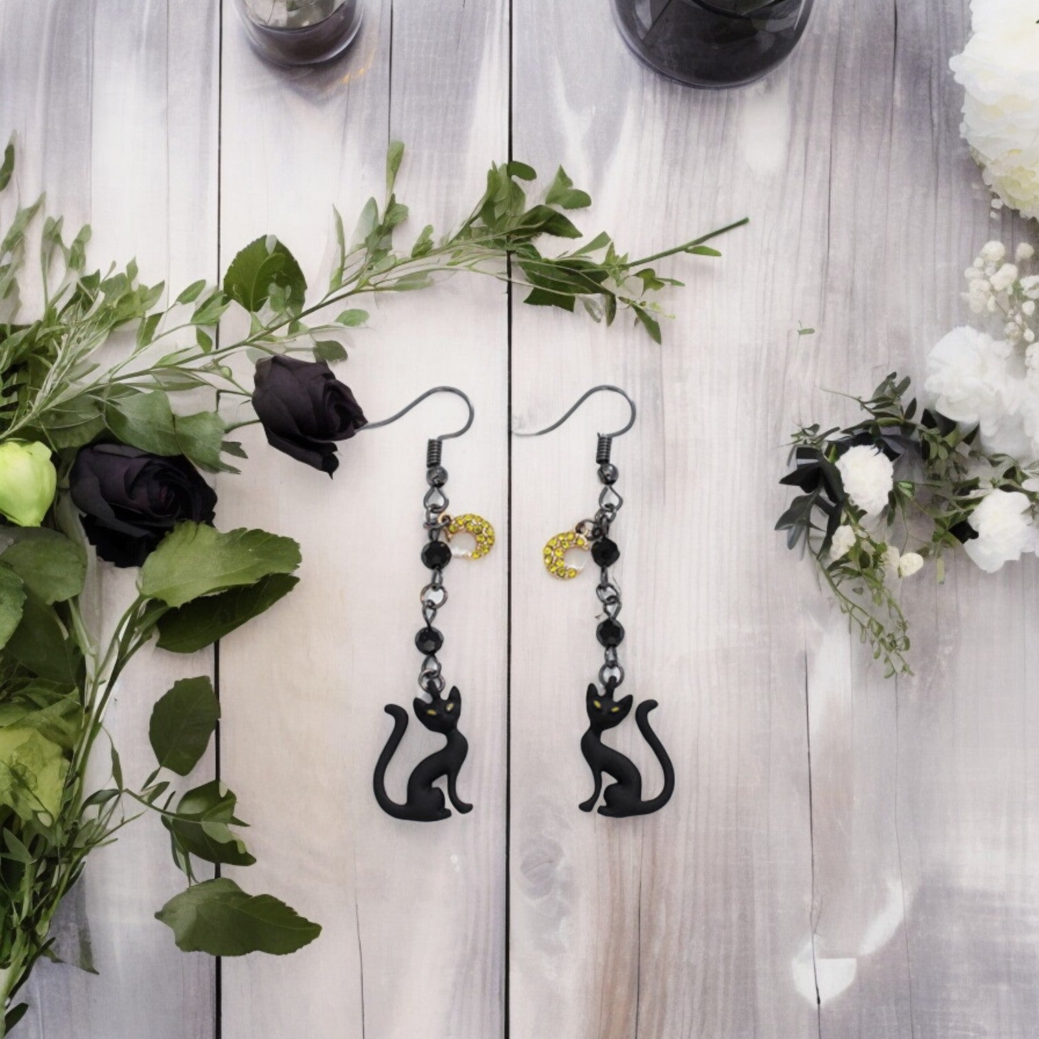 Black Cat + Crystal Moon Halloween Earrings - Mellow Monkey