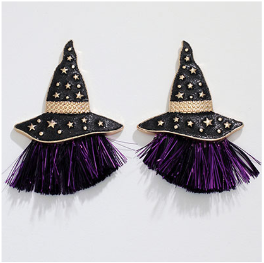 Witch Hats + Purple Fringe Halloween Earrings - Mellow Monkey