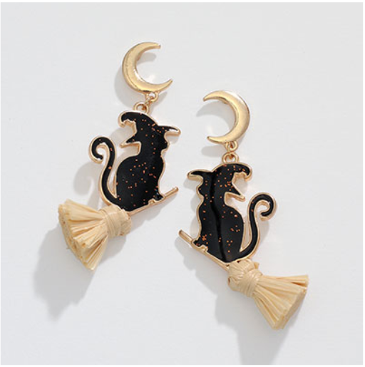 Black Cats on Brooms Halloween Earrings - Mellow Monkey