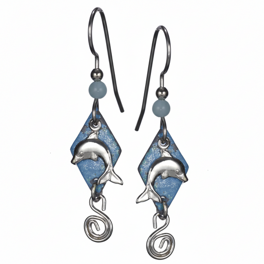 Silver Forest Silver Dolphin Layered Blue Diamond with Swirl Dangle Earrings NE-0583 - Mellow Monkey