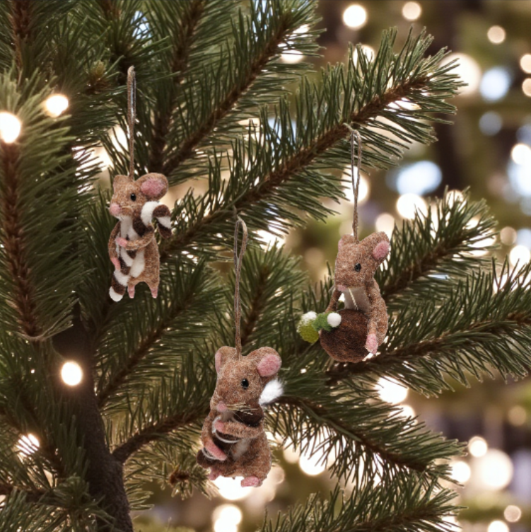 Handmade Wool Felt Mouse Ornament - Brown - 4-1/4-in - Mellow Monkey