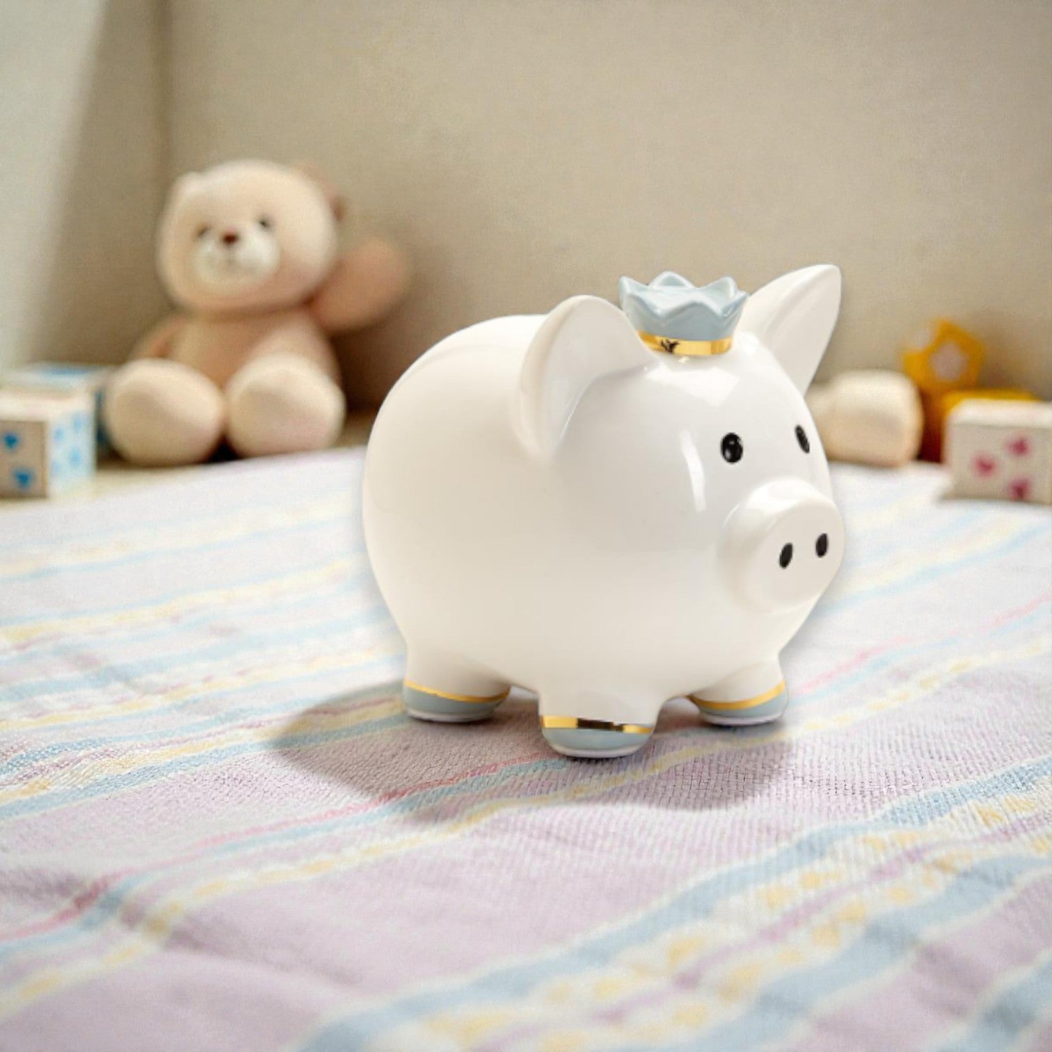 Ceramic Piggy Bank - Blue Crown - 6-in - Mellow Monkey