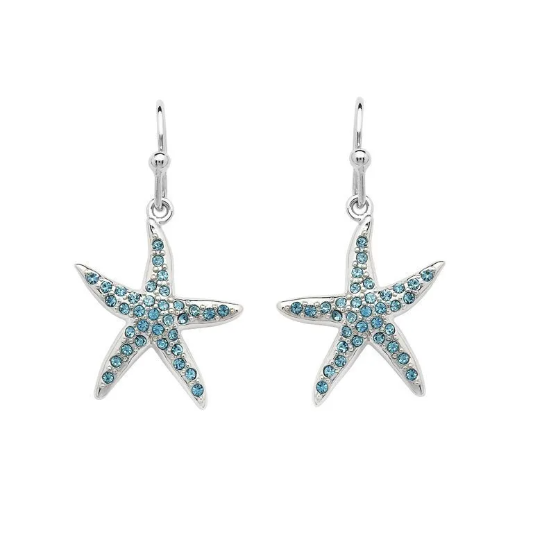 Starfish Drop Earrings Adorned with Aqua Crystals - Mellow Monkey