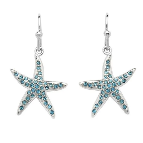 Starfish Drop Earrings Adorned with Aqua Crystals - Mellow Monkey