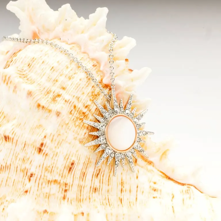 Sterling Silver Mother of Pearl Sun Pendant with White Crystals and Rose Gold - Mellow Monkey