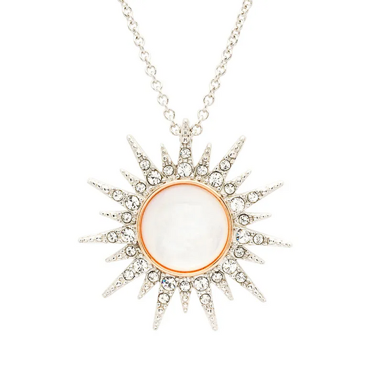 Sterling Silver Mother of Pearl Sun Pendant with White Crystals and Rose Gold