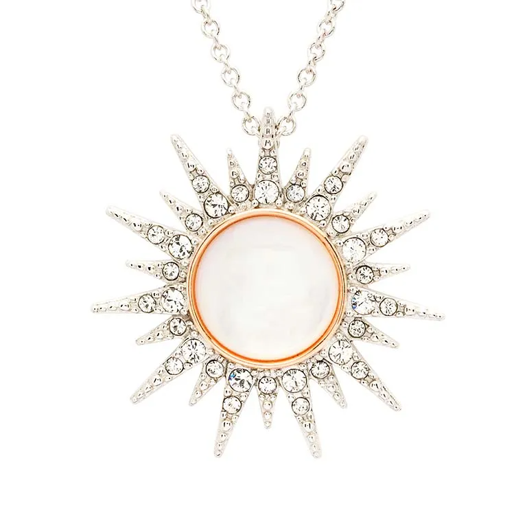 Sterling Silver Mother of Pearl Sun Pendant with White Crystals and Rose Gold - Mellow Monkey