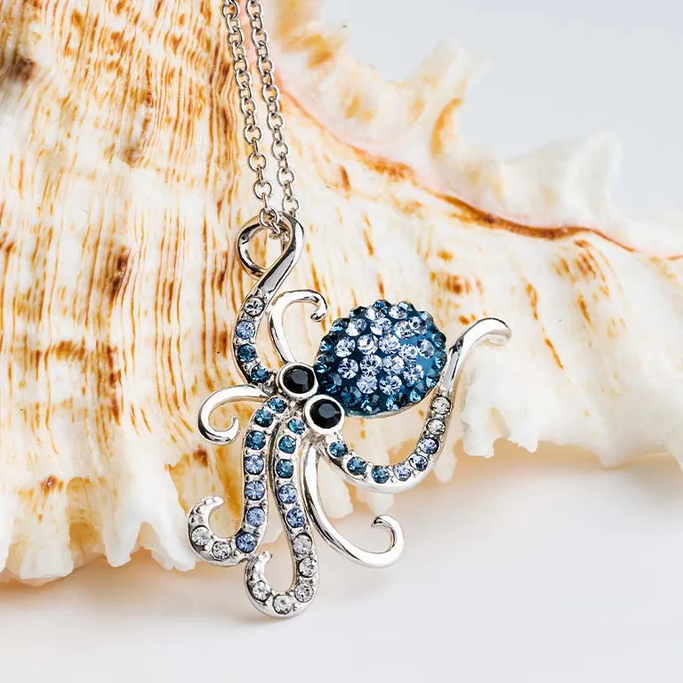 Sterling Silver Octopus Necklace with Blue Crystals - Mellow Monkey