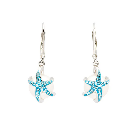 Sterling Silver Pearl with Aqua Crystal Star Fish Earrings - Mellow Monkey
