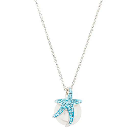Sterling Silver Pearl with Aqua Crystal Starfish Necklace