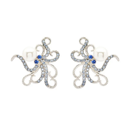 Sterling Silver Pearl with Blue Crystal Octopus Earrings