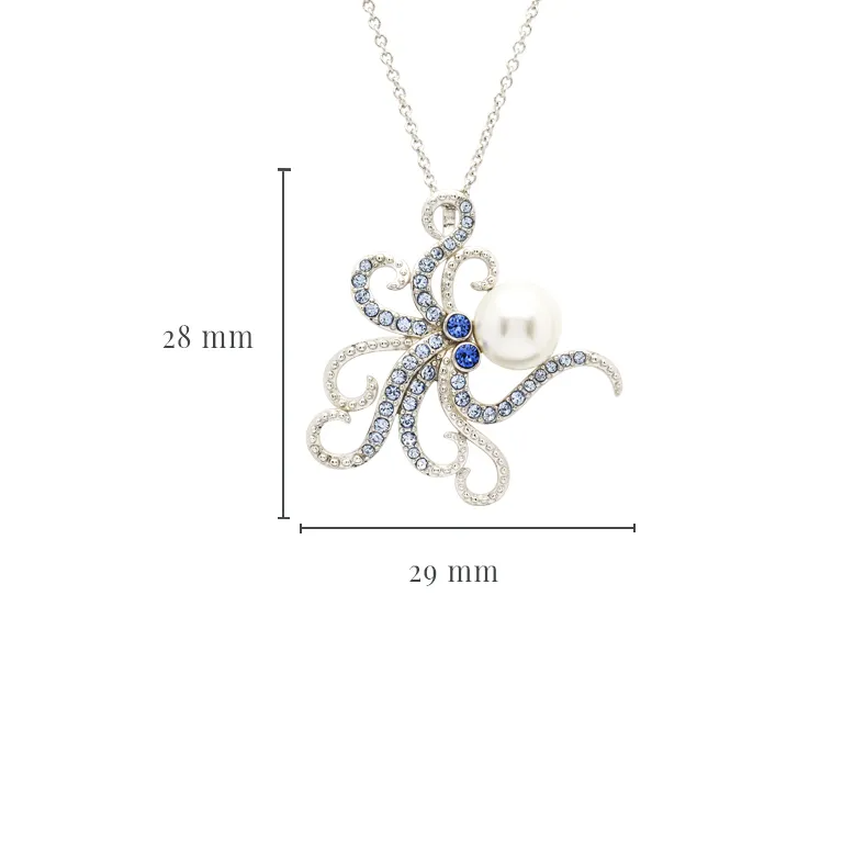 Sterling Silver Pearl with Blue Crystal Octopus Necklace - Mellow Monkey