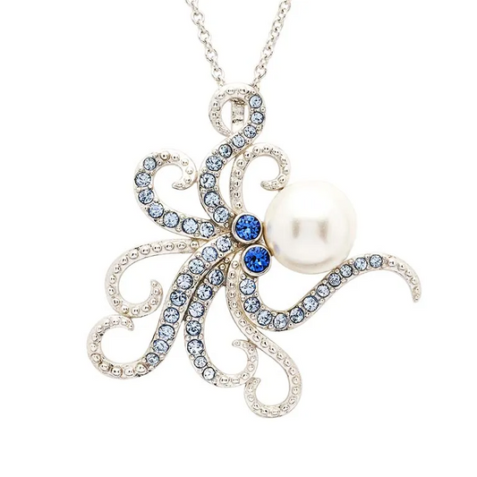 Sterling Silver Pearl with Blue Crystal Octopus Necklace - Mellow Monkey