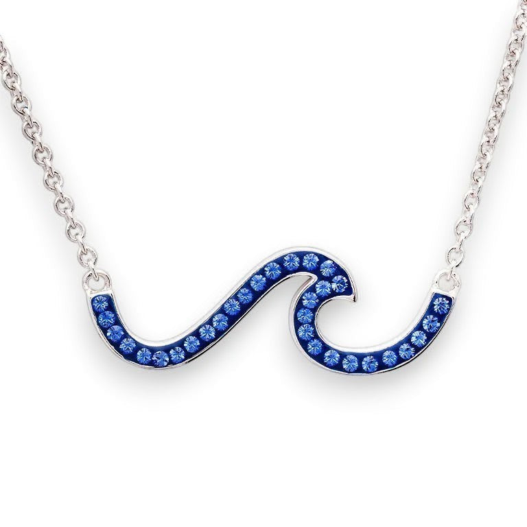 Sterling Silver Wave Necklace with Sapphire Blue Crystals - Mellow Monkey