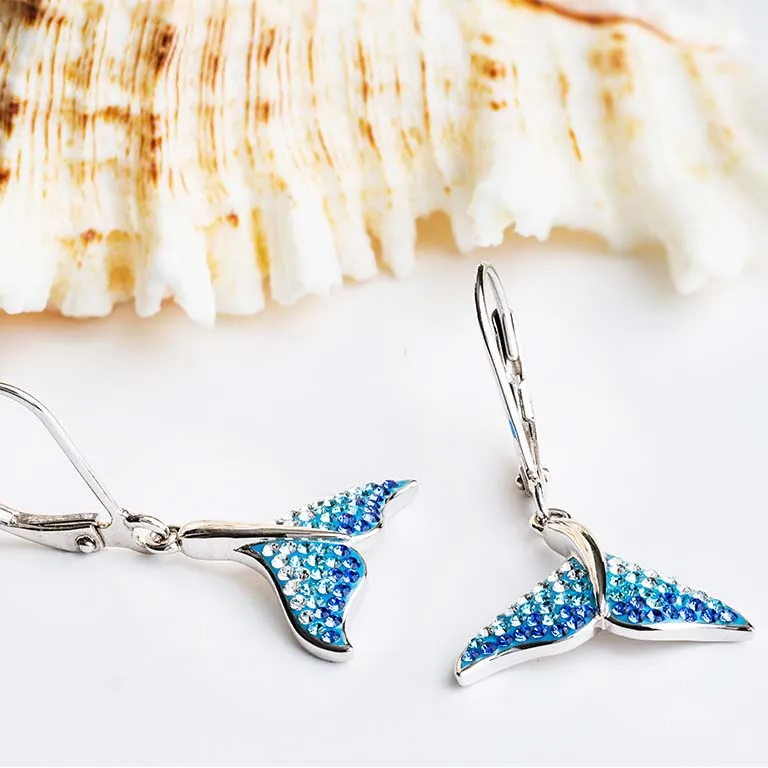 Sterling Silver Whale Tail Earrings with Ombre Blue Crystals - Mellow Monkey