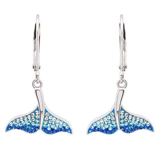 Sterling Silver Whale Tail Earrings with Ombre Blue Crystals
