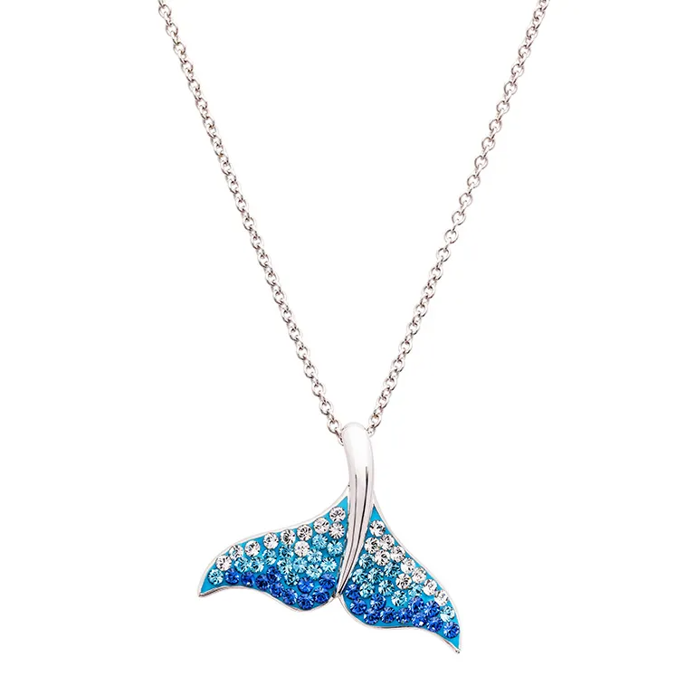 Sterling Silver Whale Tail Necklace with Ombre Blue Crystals - Mellow Monkey