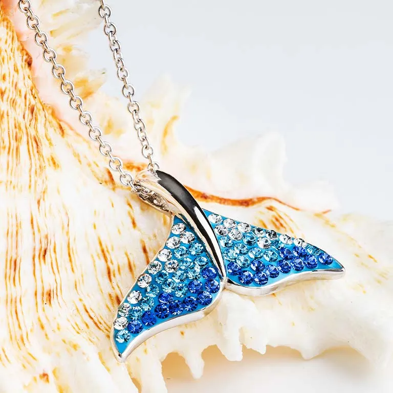 Sterling Silver Whale Tail Necklace with Ombre Blue Crystals - Mellow Monkey