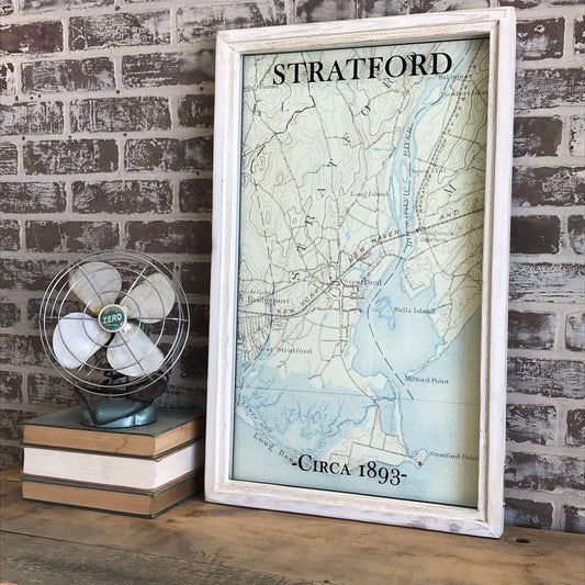 Vintage Stratford Connecticut Map Circa 1893 Framed Whitewash Shadowbox 27-1/2-in - Mellow Monkey