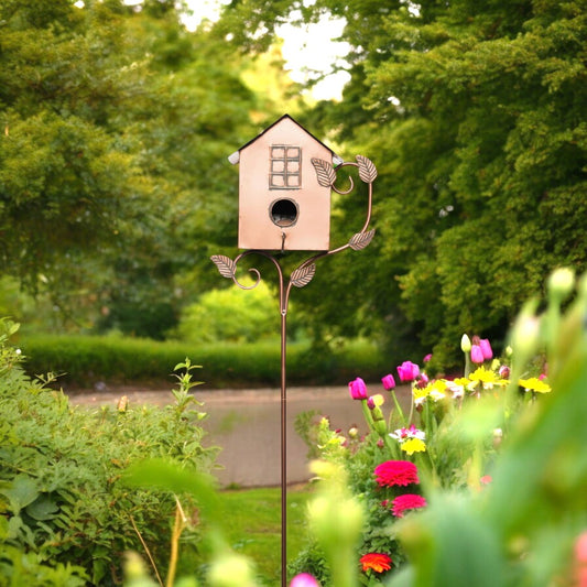 Copper Finish Metal Patina Birdhouse Lawn Stake - Square - 39-1/4-in - Mellow Monkey