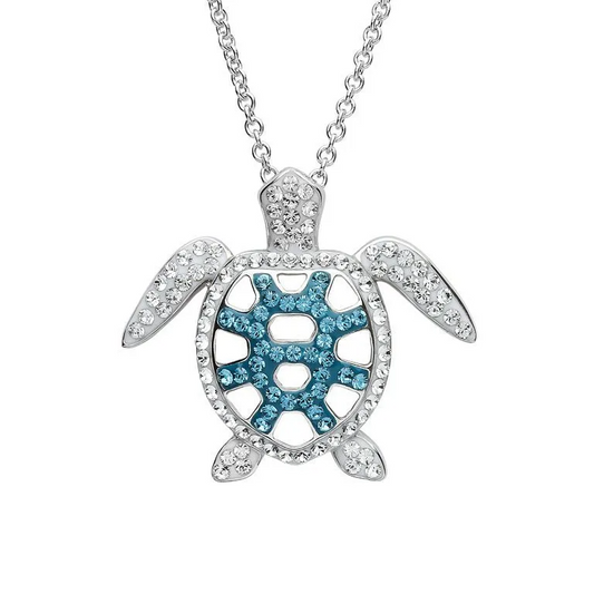 Filigree Turtle Pendant With Teal Crystals