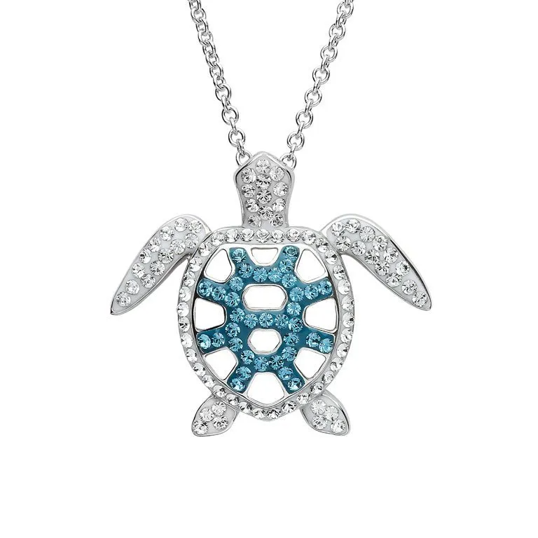 Filigree Turtle Pendant With Teal Crystals - Mellow Monkey