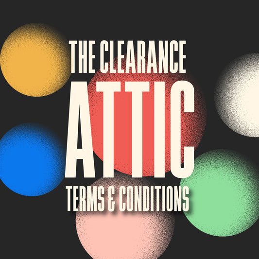 Text 'The Clearance Attic Terms & Conditions' with colorful circles on a black background