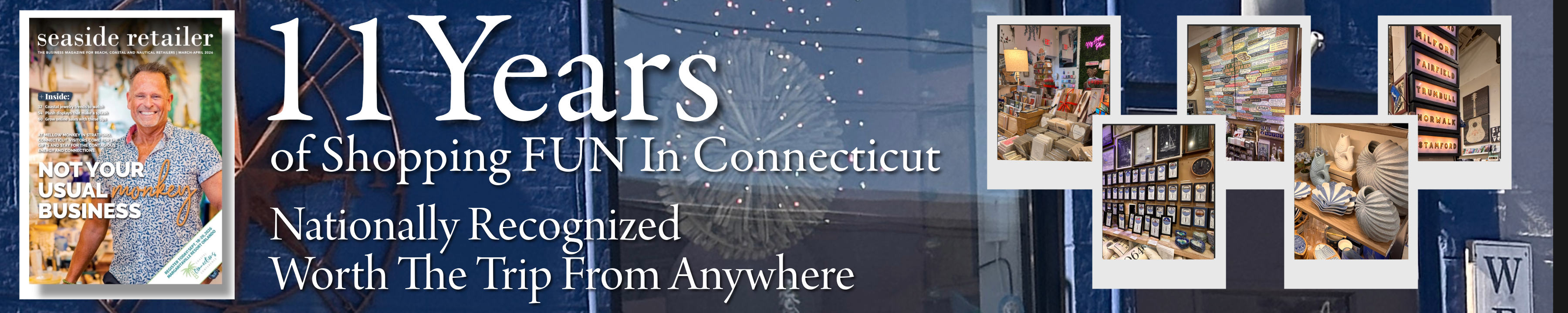 Promotional banner celebrating 11 years of shopping fun in Connecticut with images of people and stores.