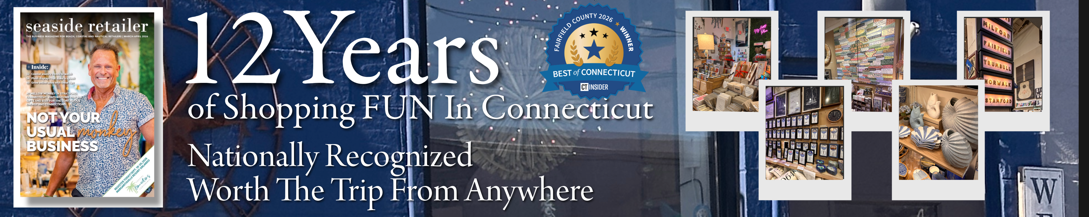 Promotional banner celebrating 12 years of shopping fun in Connecticut with images of people and stores.