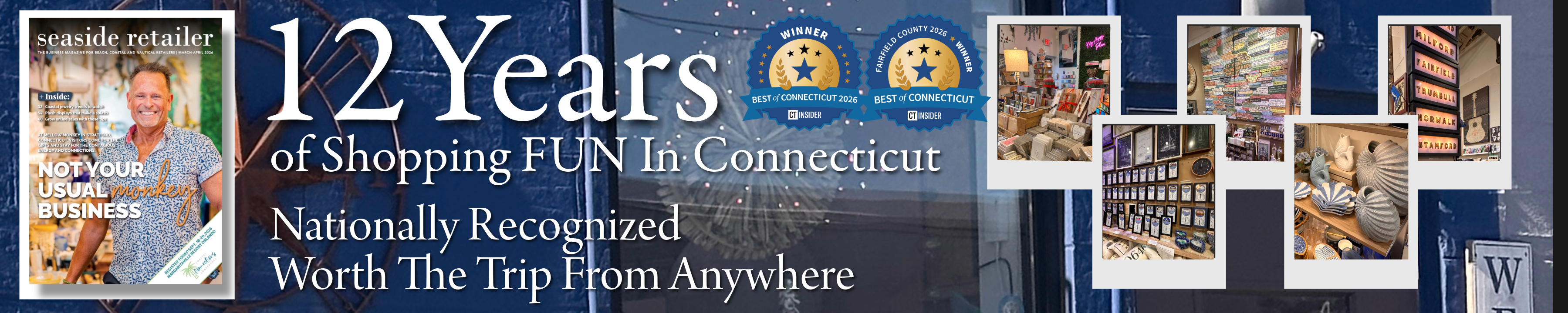 A wide promotional banner celebrating 12 years of shopping fun in Connecticut, with large white and blue text over a dark background, several small interior store photos along the right side, and a small inset image on the left.